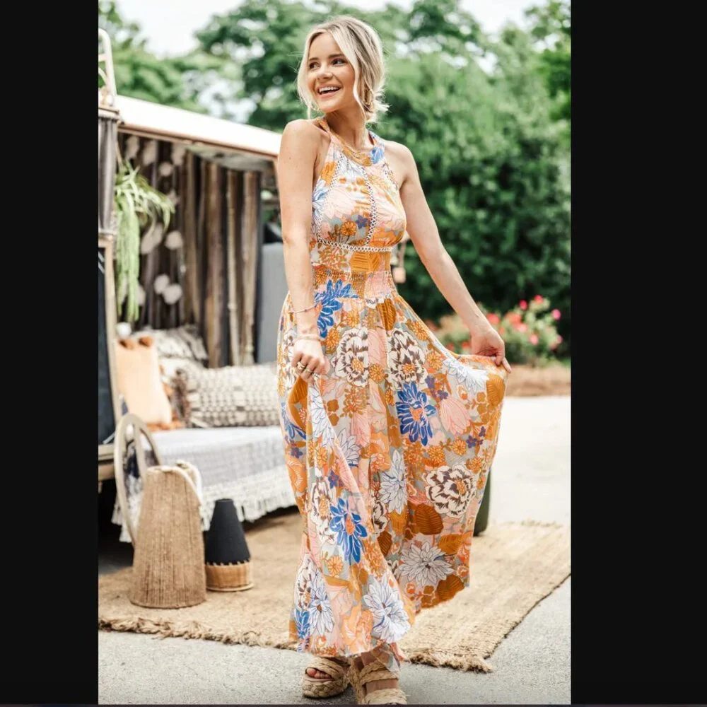 Petal & Pup Newell Orange Colorful Floral Maxi Dress L - Picture 13 of 13